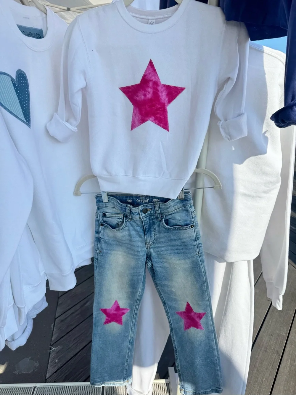 Handmade White Kids Sweatshirt & Light Wash Jeans Set with Pink Stars
